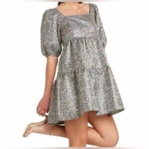 NWOT ANTHROPOLOGIE MOON RIVER Babydoll Jacquard Puff Sleeve Mini Dress Sz XS